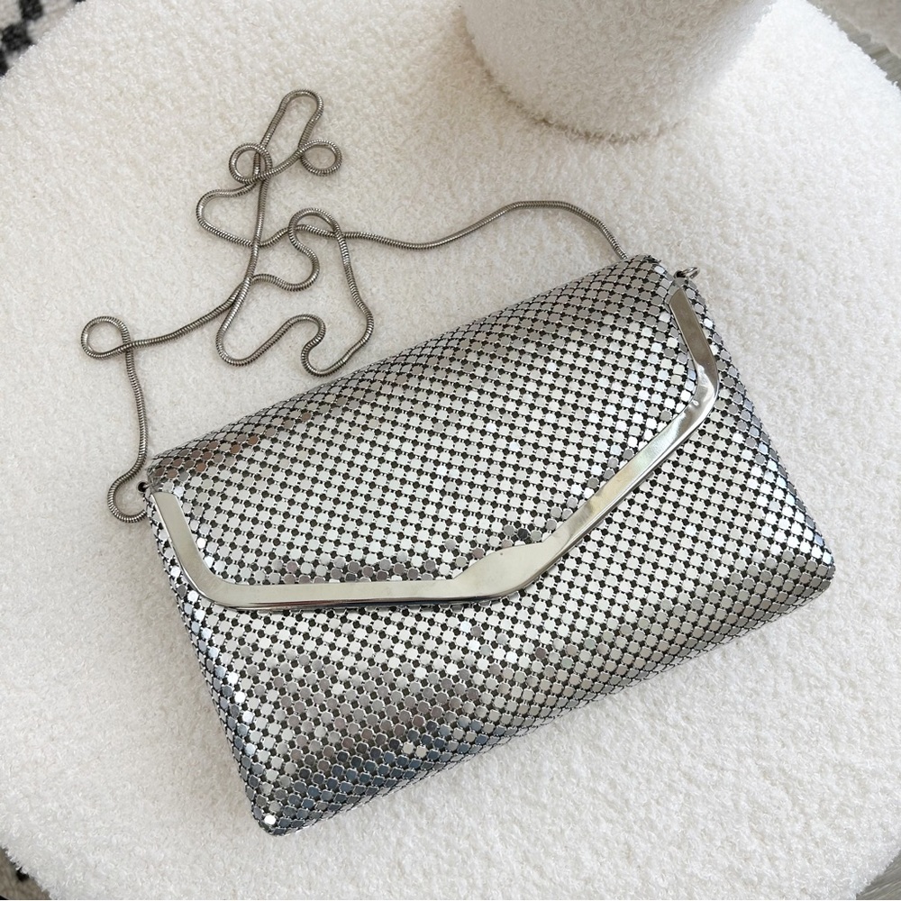 VINTAGE Sequin Evening Clutch Purse with Strap Silver